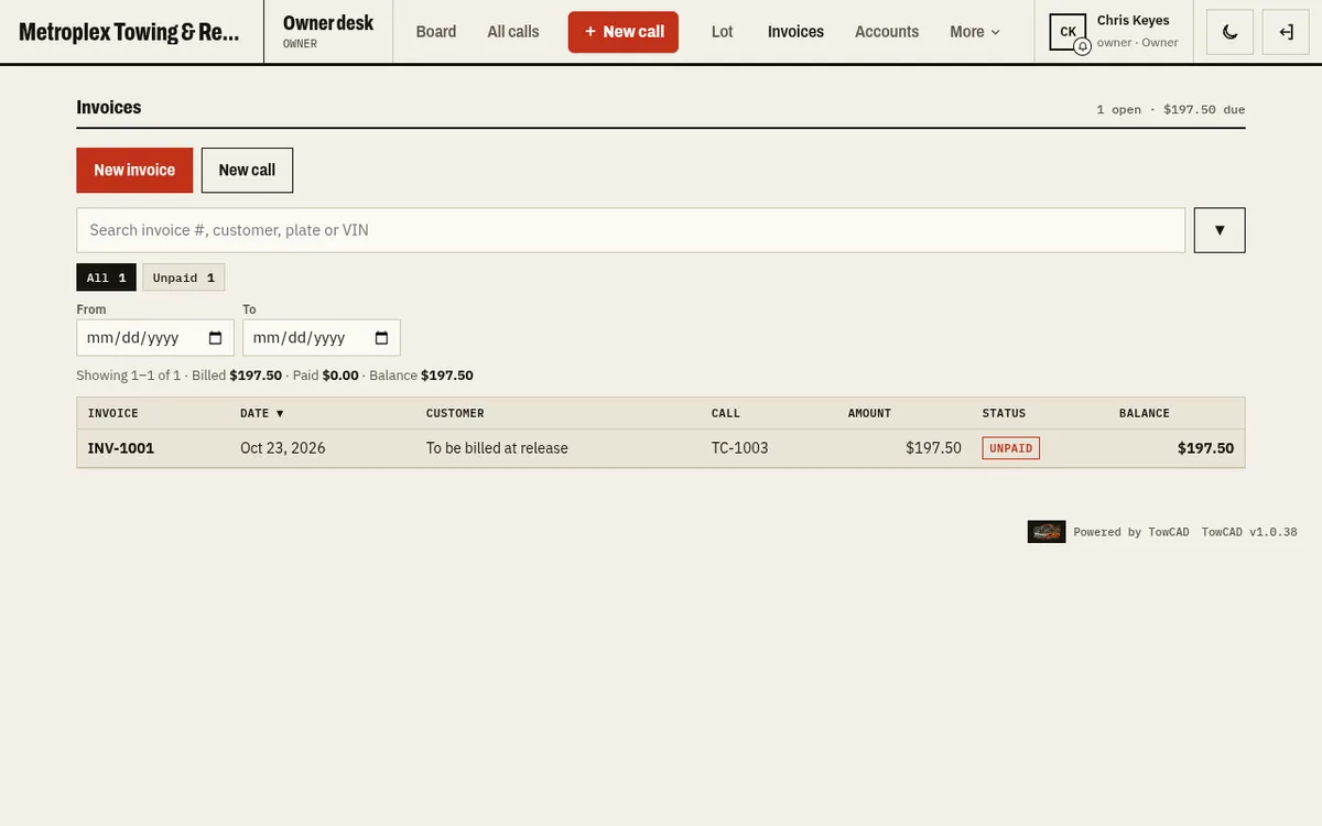 The Invoices list