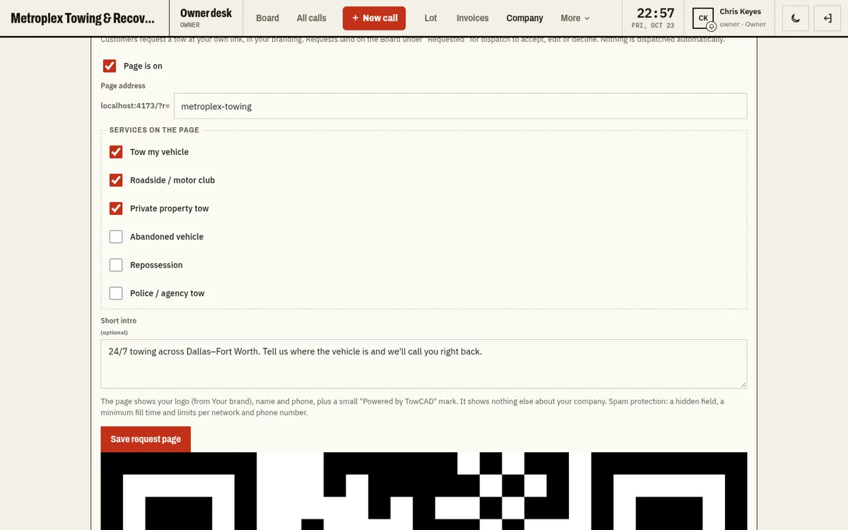 Company online request page settings